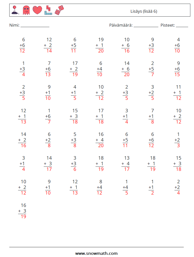 (50) Lisäys (lisää 6) Matematiikan laskentataulukot 9 Kysymys, vastaus