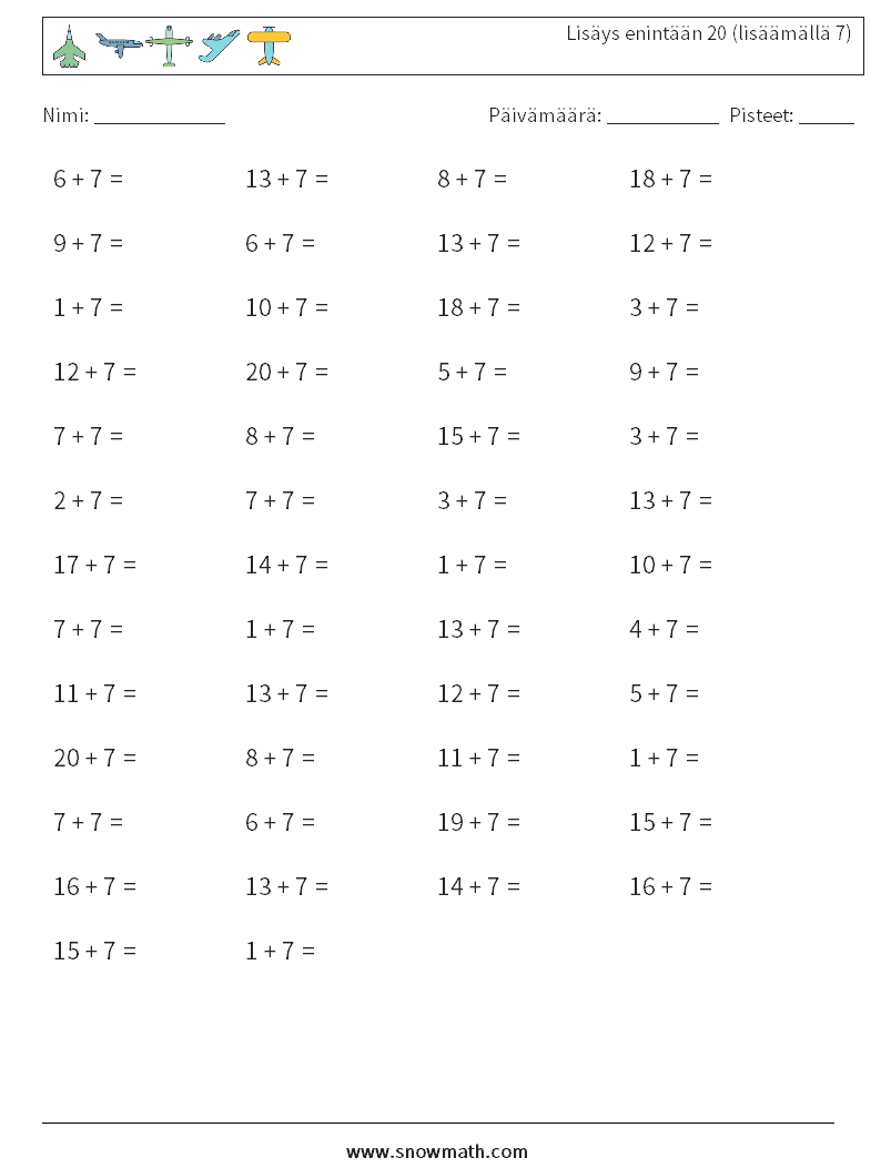 (50) Lisäys enintään 20 (lisäämällä 7) Matematiikan laskentataulukot 1