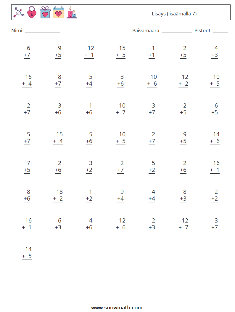 (50) Lisäys (lisäämällä 7) Matematiikan laskentataulukot 1