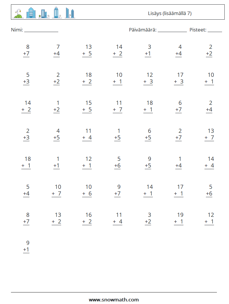 (50) Lisäys (lisäämällä 7) Matematiikan laskentataulukot 12