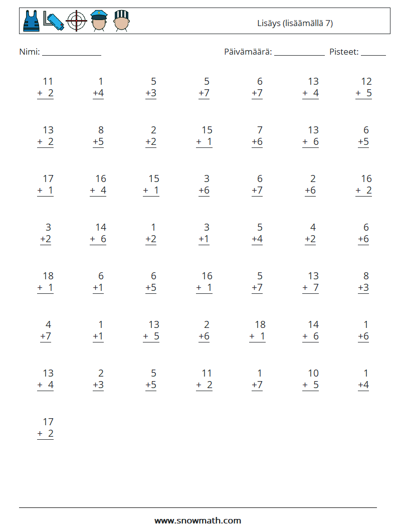 (50) Lisäys (lisäämällä 7) Matematiikan laskentataulukot 13