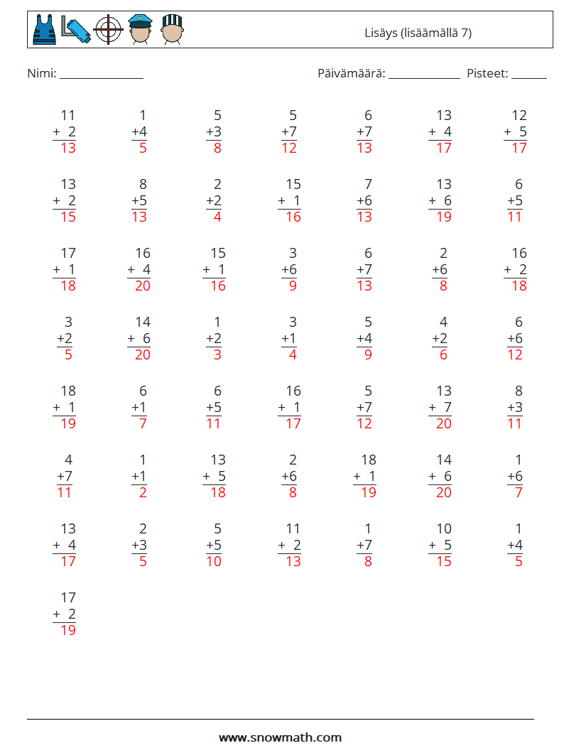 (50) Lisäys (lisäämällä 7) Matematiikan laskentataulukot 13 Kysymys, vastaus