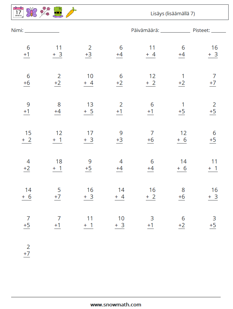 (50) Lisäys (lisäämällä 7) Matematiikan laskentataulukot 14
