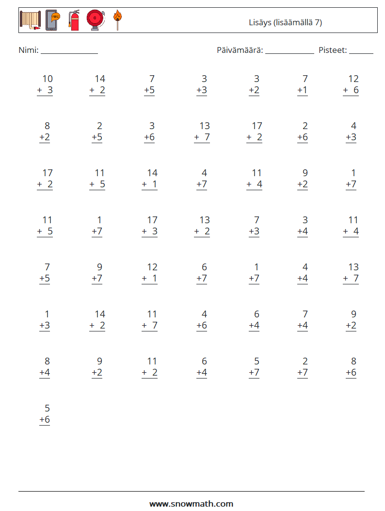 (50) Lisäys (lisäämällä 7) Matematiikan laskentataulukot 15