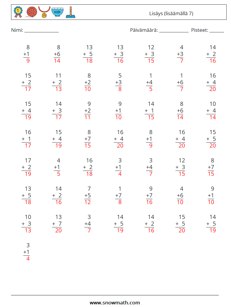 (50) Lisäys (lisäämällä 7) Matematiikan laskentataulukot 17 Kysymys, vastaus