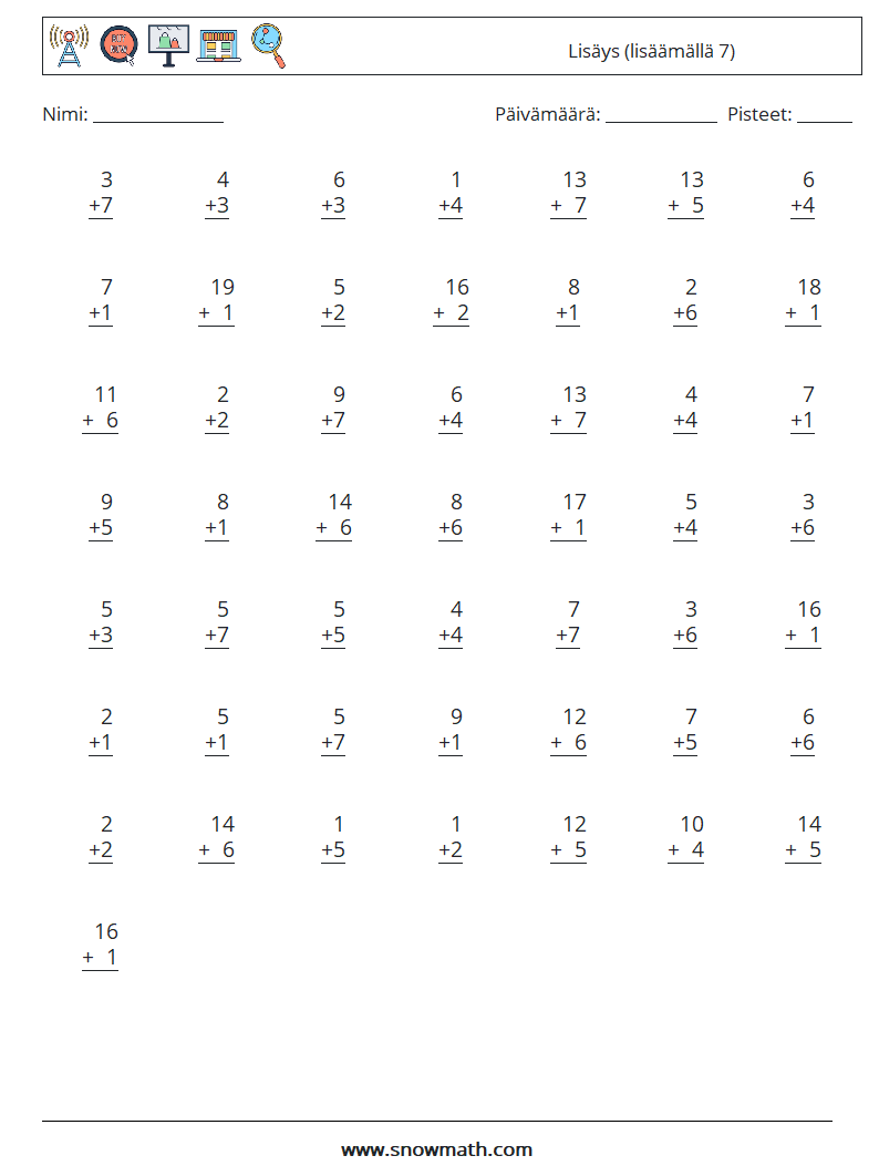 (50) Lisäys (lisäämällä 7) Matematiikan laskentataulukot 18