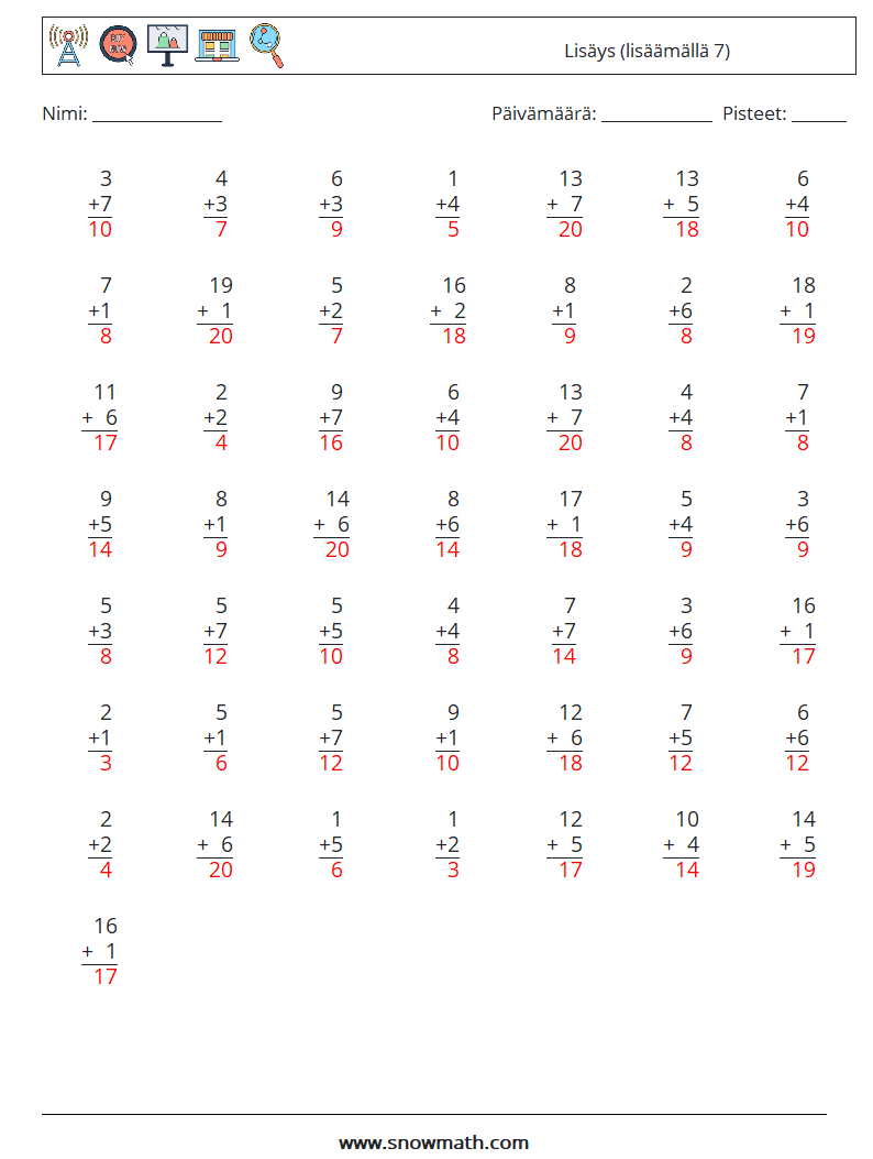 (50) Lisäys (lisäämällä 7) Matematiikan laskentataulukot 18 Kysymys, vastaus