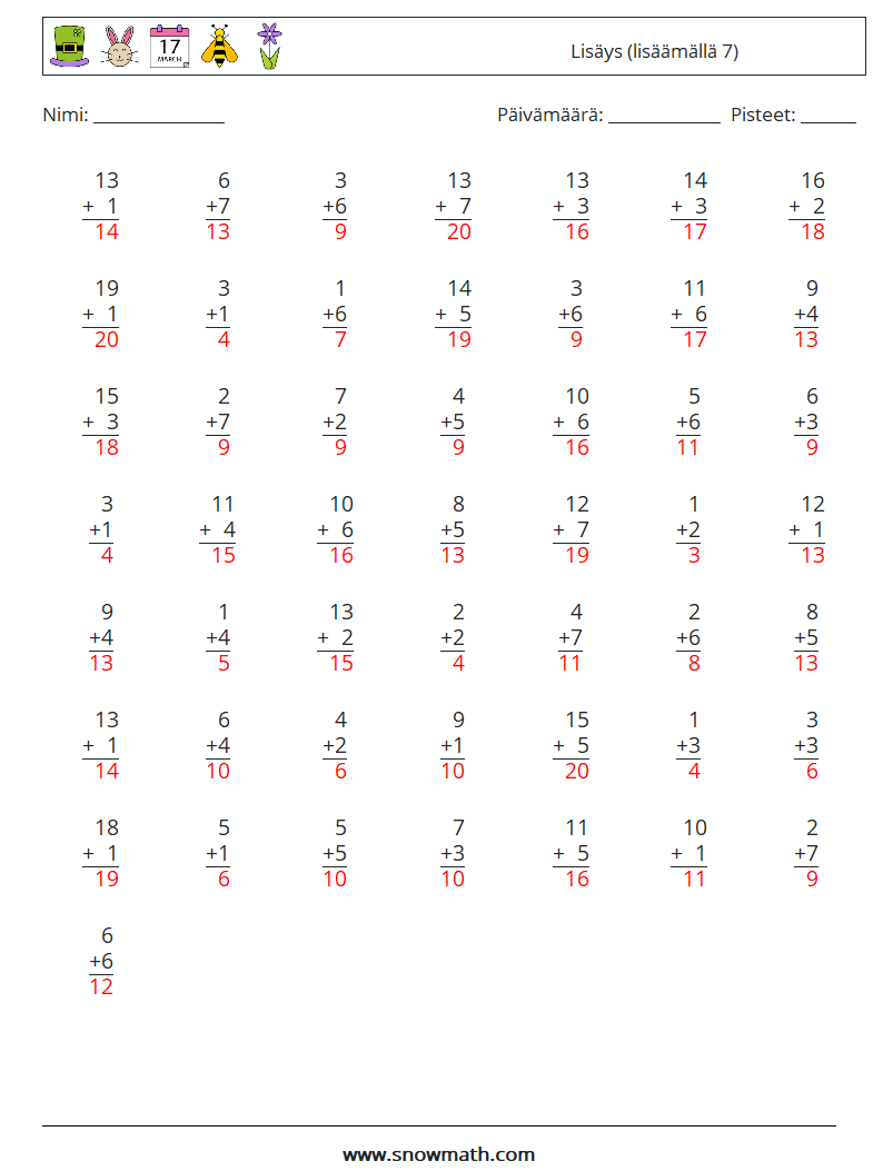 (50) Lisäys (lisäämällä 7) Matematiikan laskentataulukot 2 Kysymys, vastaus