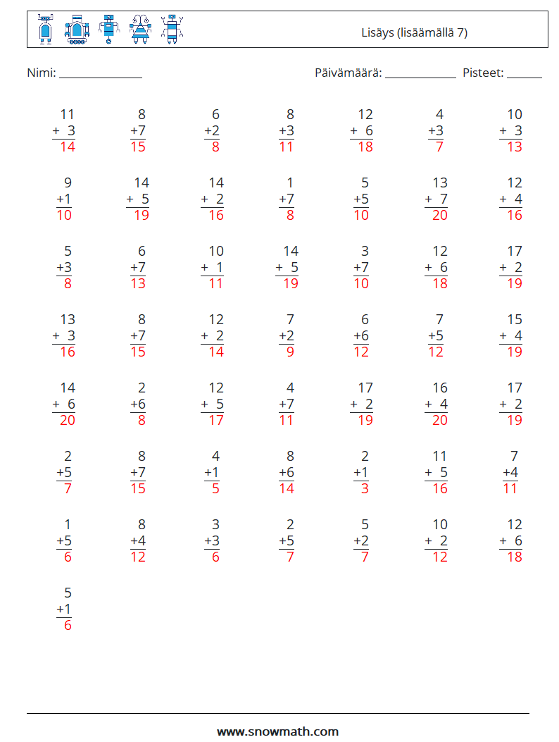 (50) Lisäys (lisäämällä 7) Matematiikan laskentataulukot 3 Kysymys, vastaus