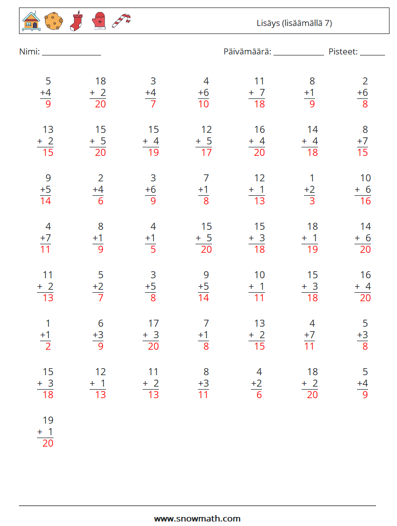 (50) Lisäys (lisäämällä 7) Matematiikan laskentataulukot 4 Kysymys, vastaus