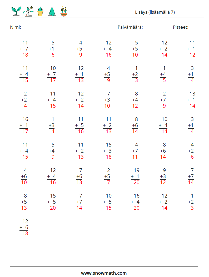 (50) Lisäys (lisäämällä 7) Matematiikan laskentataulukot 5 Kysymys, vastaus