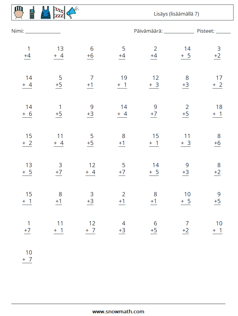 (50) Lisäys (lisäämällä 7) Matematiikan laskentataulukot 6