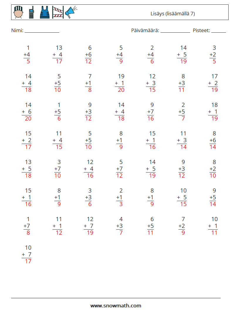 (50) Lisäys (lisäämällä 7) Matematiikan laskentataulukot 6 Kysymys, vastaus