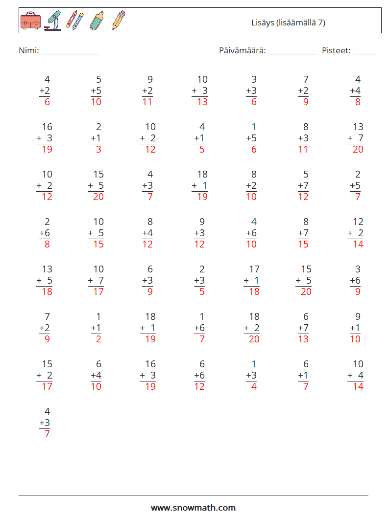 (50) Lisäys (lisäämällä 7) Matematiikan laskentataulukot 7 Kysymys, vastaus