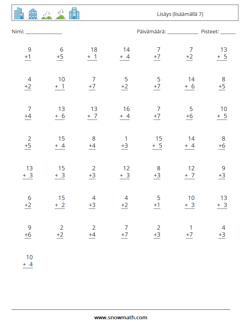 (50) Lisäys (lisäämällä 7) Matematiikan laskentataulukot 8