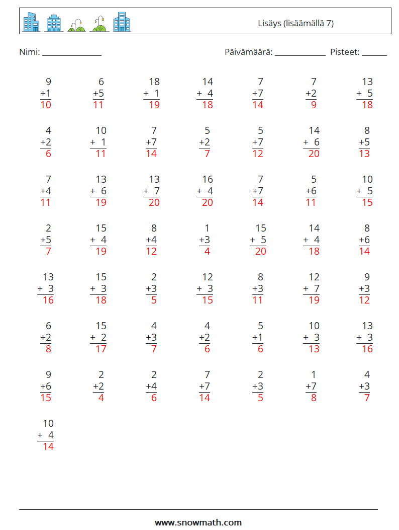 (50) Lisäys (lisäämällä 7) Matematiikan laskentataulukot 8 Kysymys, vastaus