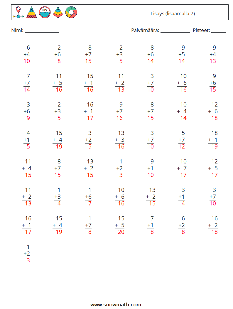 (50) Lisäys (lisäämällä 7) Matematiikan laskentataulukot 9 Kysymys, vastaus