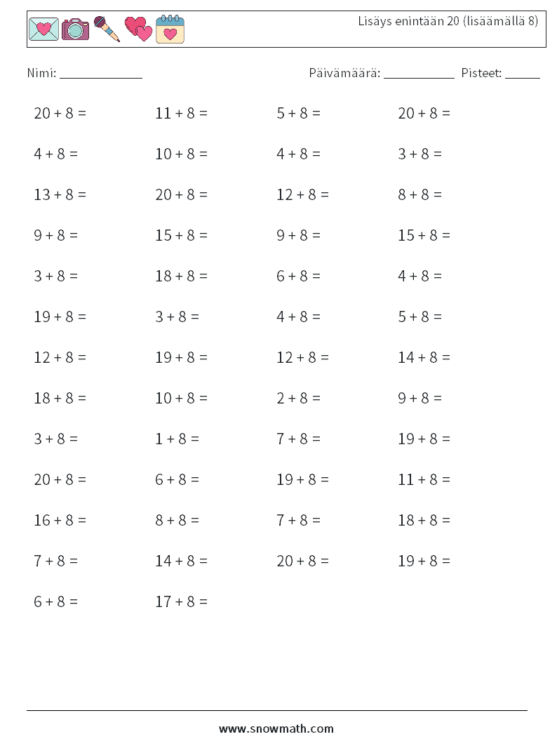 (50) Lisäys enintään 20 (lisäämällä 8) Matematiikan laskentataulukot 1