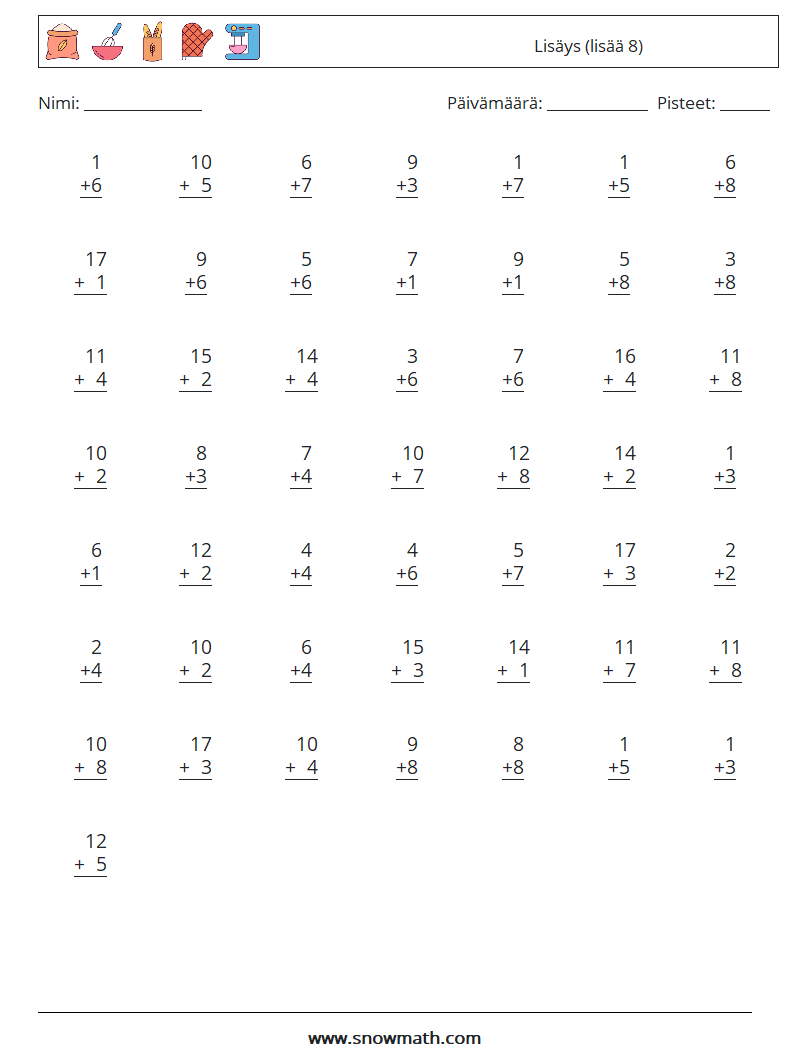 (50) Lisäys (lisää 8) Matematiikan laskentataulukot 10