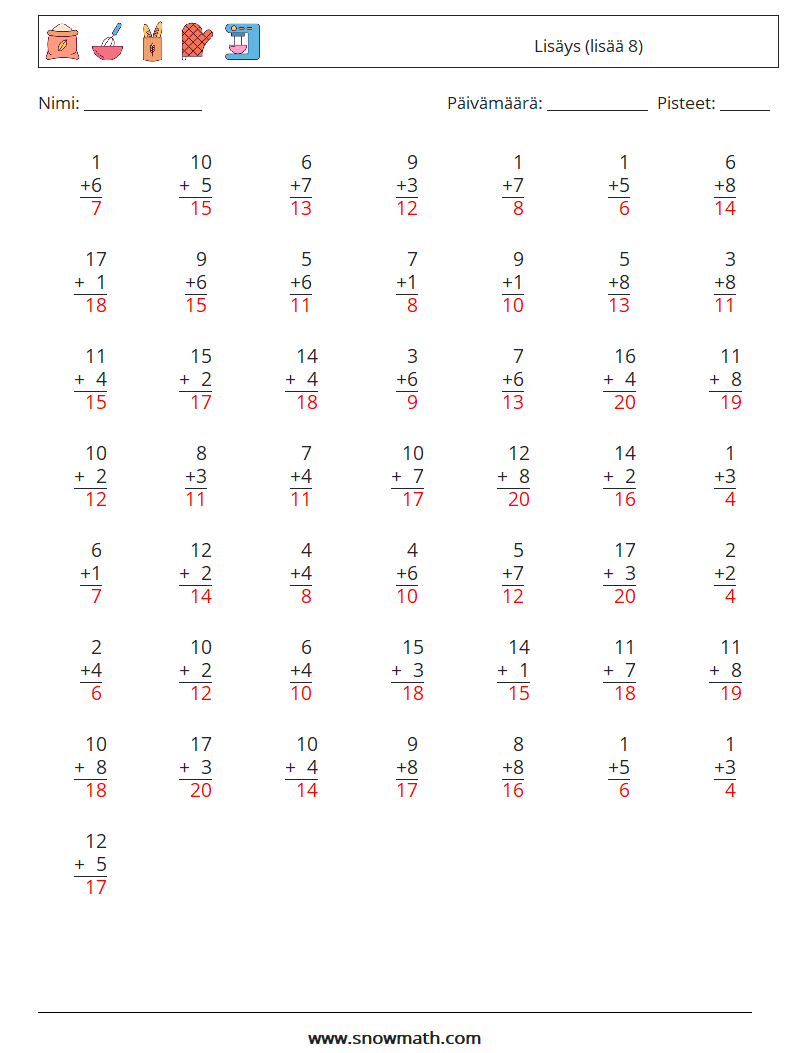 (50) Lisäys (lisää 8) Matematiikan laskentataulukot 10 Kysymys, vastaus