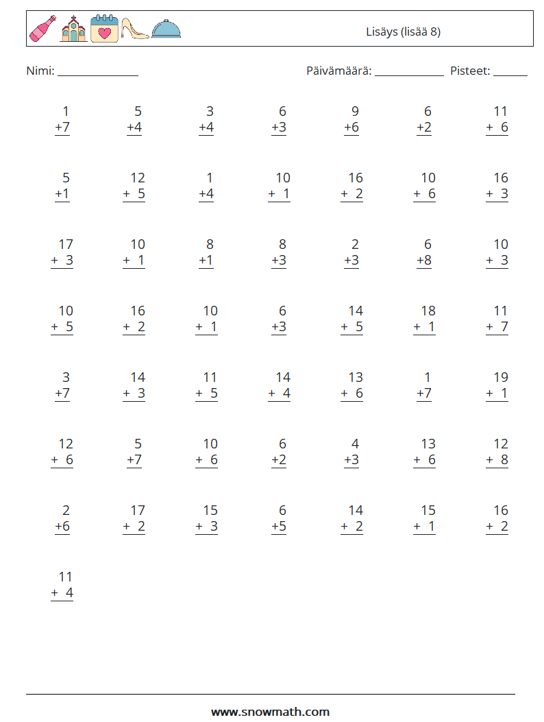 (50) Lisäys (lisää 8) Matematiikan laskentataulukot 11