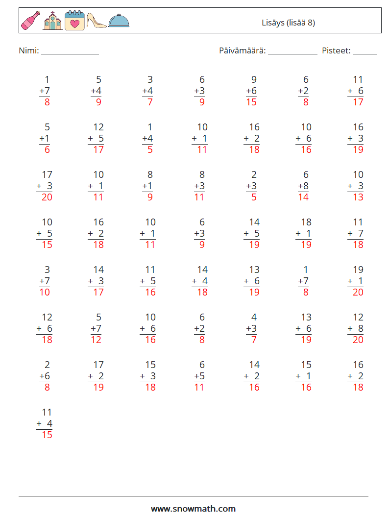 (50) Lisäys (lisää 8) Matematiikan laskentataulukot 11 Kysymys, vastaus