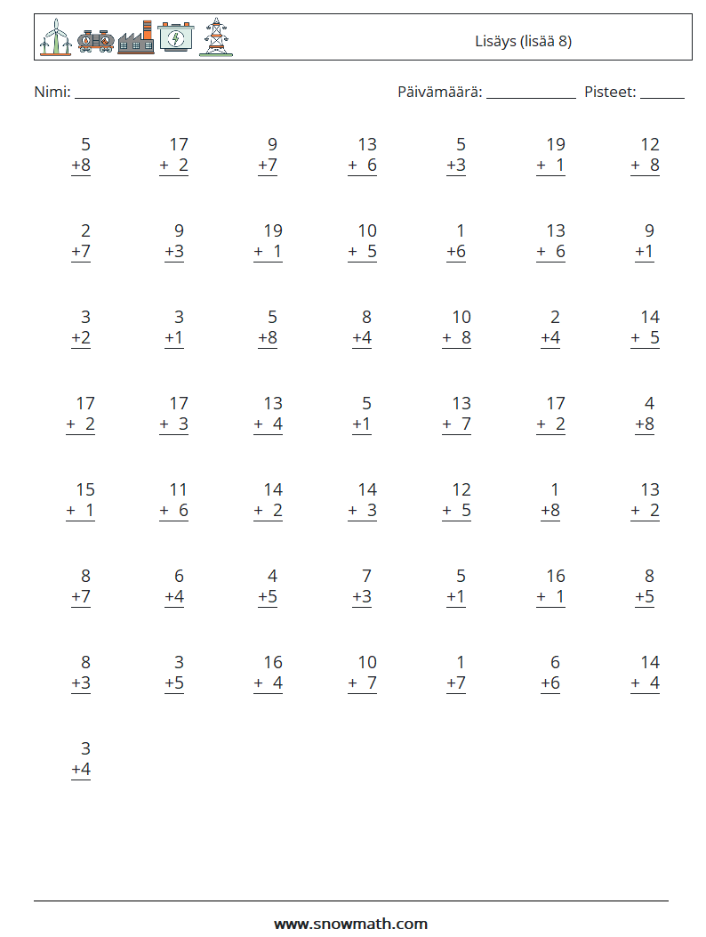 (50) Lisäys (lisää 8) Matematiikan laskentataulukot 12