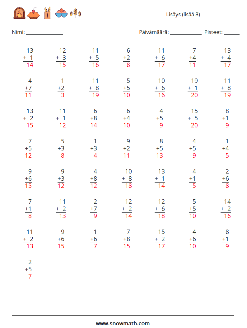 (50) Lisäys (lisää 8) Matematiikan laskentataulukot 13 Kysymys, vastaus