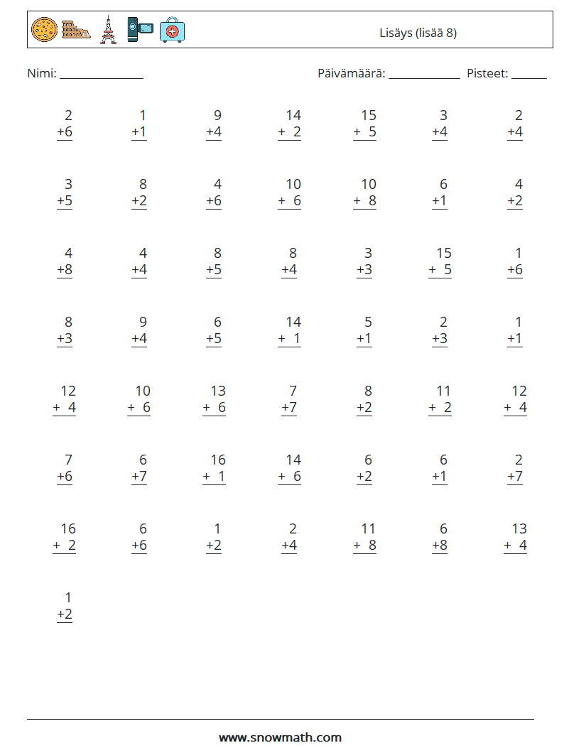 (50) Lisäys (lisää 8) Matematiikan laskentataulukot 14