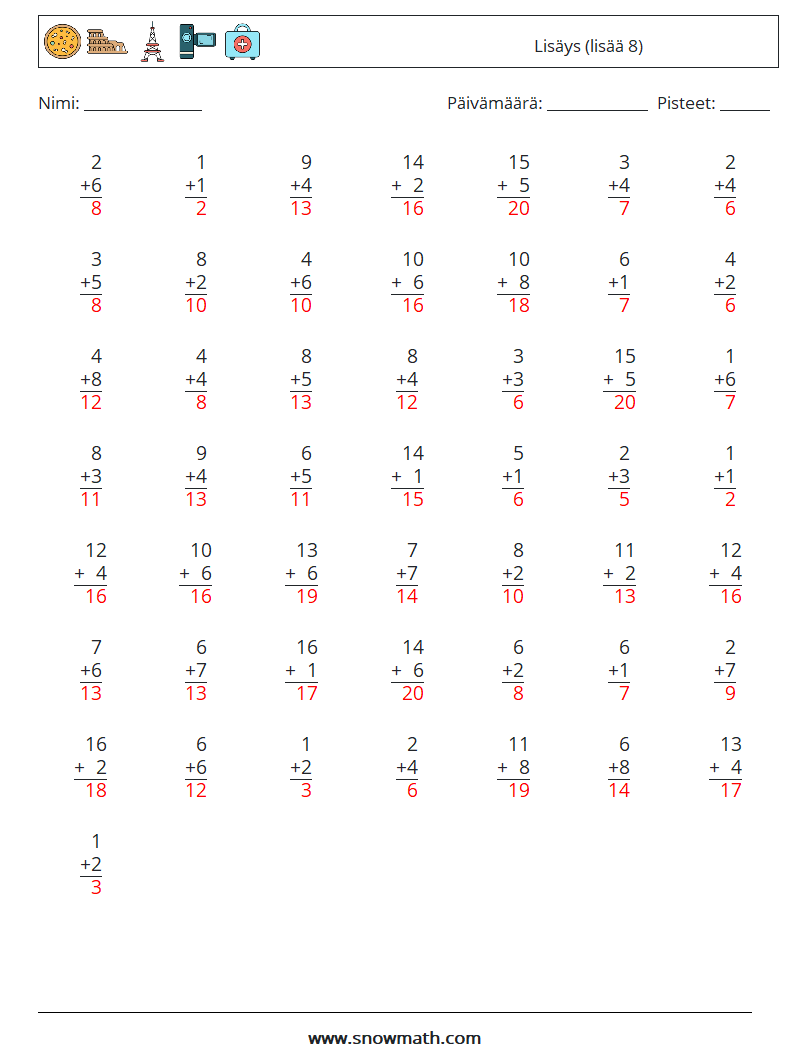 (50) Lisäys (lisää 8) Matematiikan laskentataulukot 14 Kysymys, vastaus