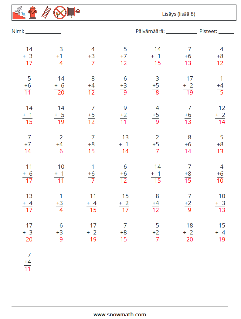 (50) Lisäys (lisää 8) Matematiikan laskentataulukot 16 Kysymys, vastaus