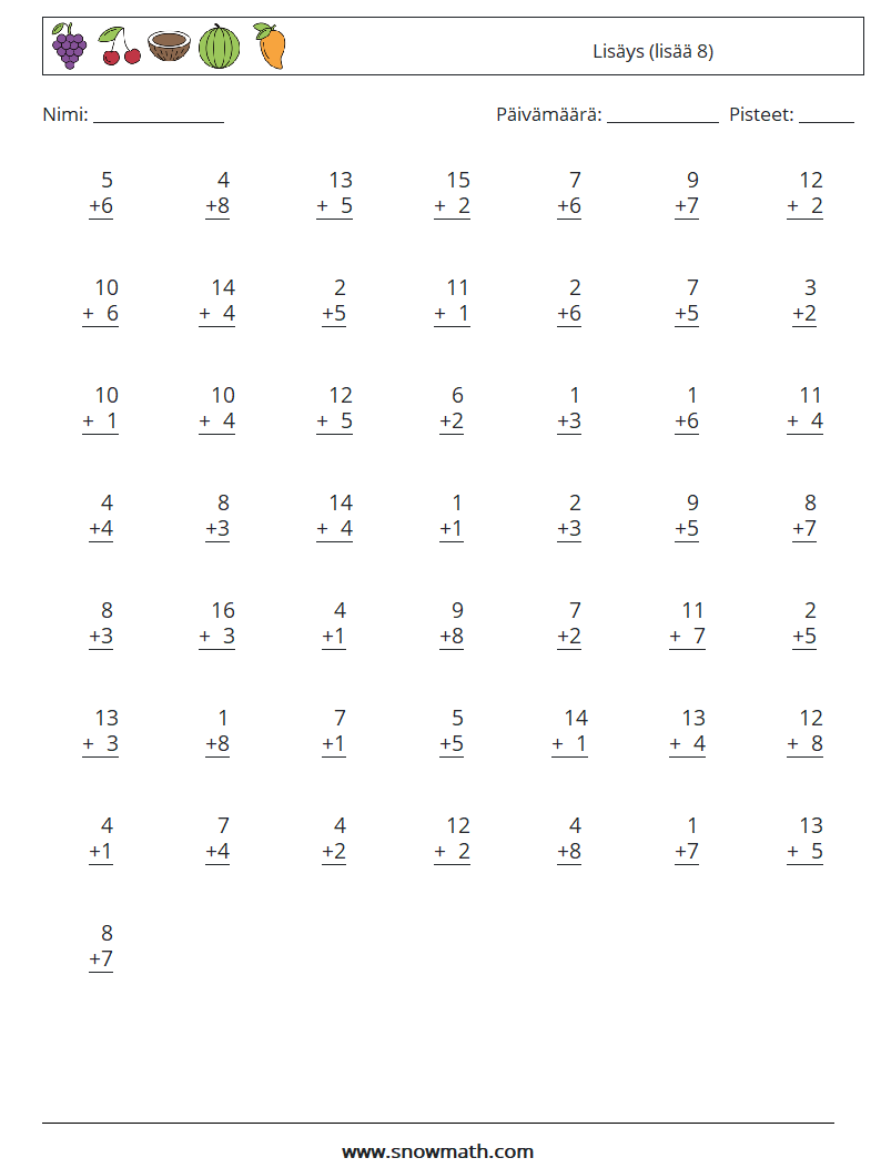 (50) Lisäys (lisää 8) Matematiikan laskentataulukot 17