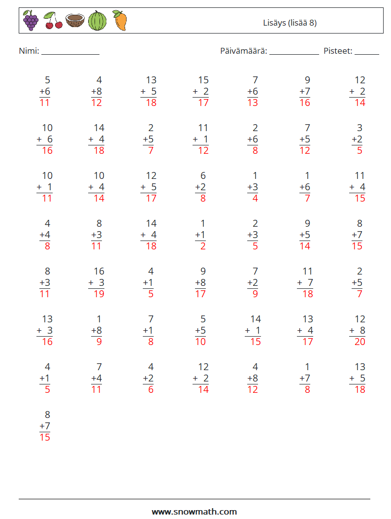 (50) Lisäys (lisää 8) Matematiikan laskentataulukot 17 Kysymys, vastaus