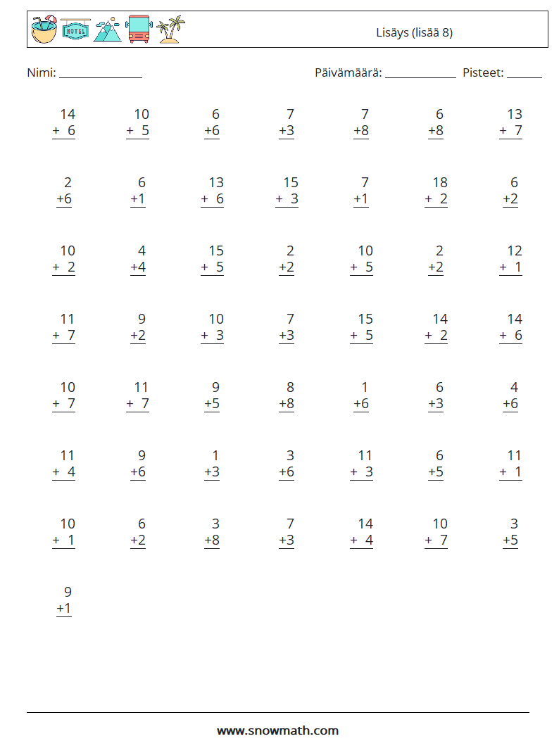 (50) Lisäys (lisää 8) Matematiikan laskentataulukot 18