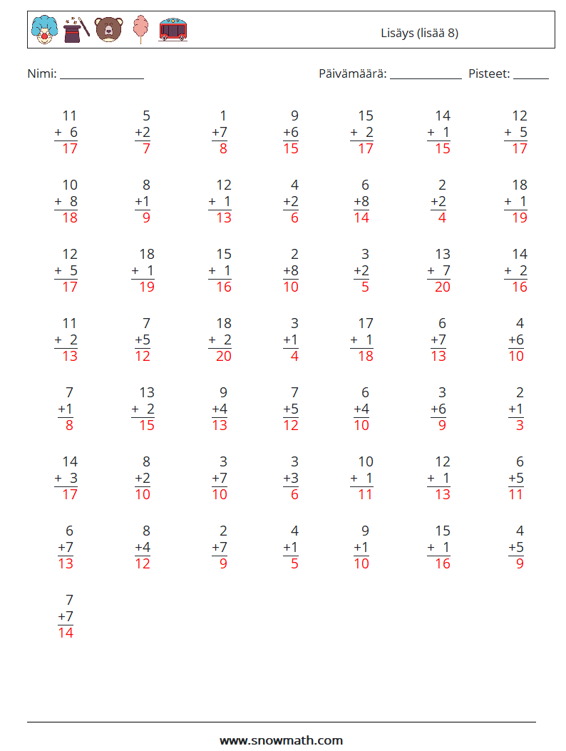 (50) Lisäys (lisää 8) Matematiikan laskentataulukot 2 Kysymys, vastaus