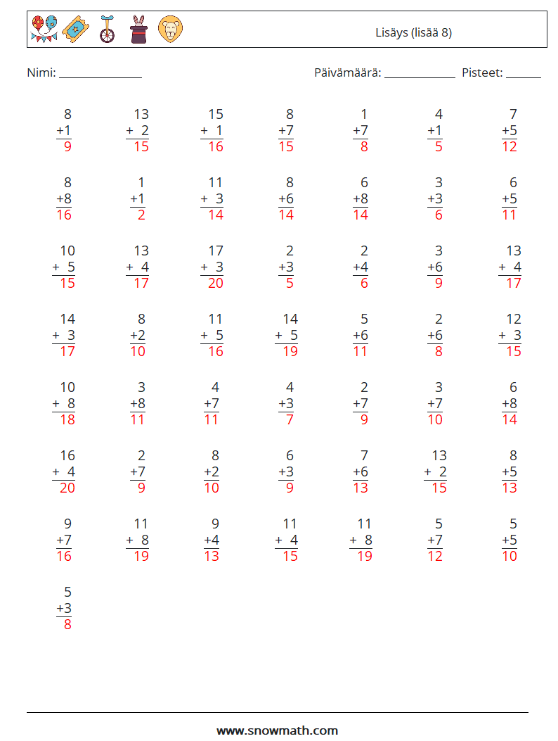 (50) Lisäys (lisää 8) Matematiikan laskentataulukot 3 Kysymys, vastaus