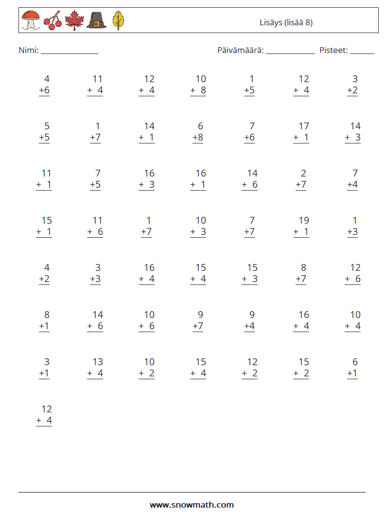 (50) Lisäys (lisää 8) Matematiikan laskentataulukot 4