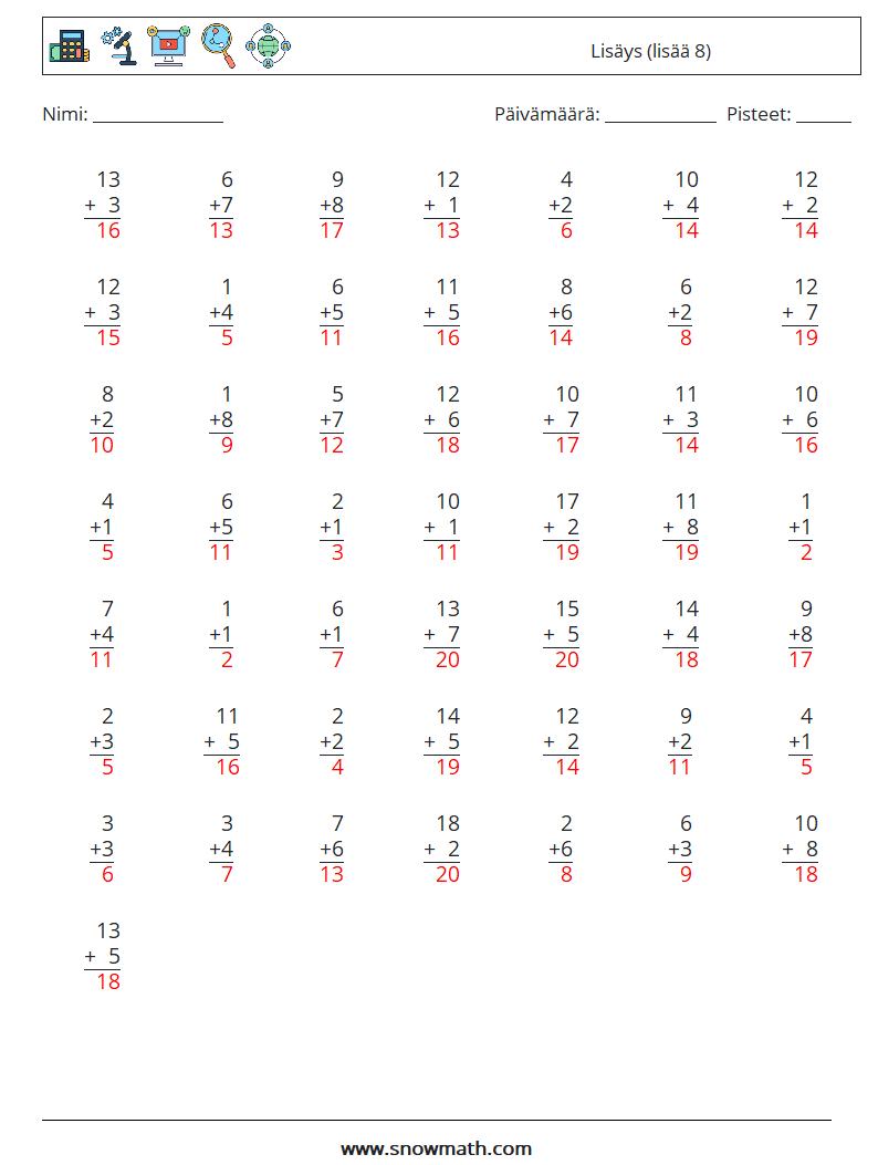 (50) Lisäys (lisää 8) Matematiikan laskentataulukot 5 Kysymys, vastaus