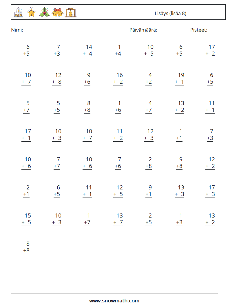 (50) Lisäys (lisää 8) Matematiikan laskentataulukot 7