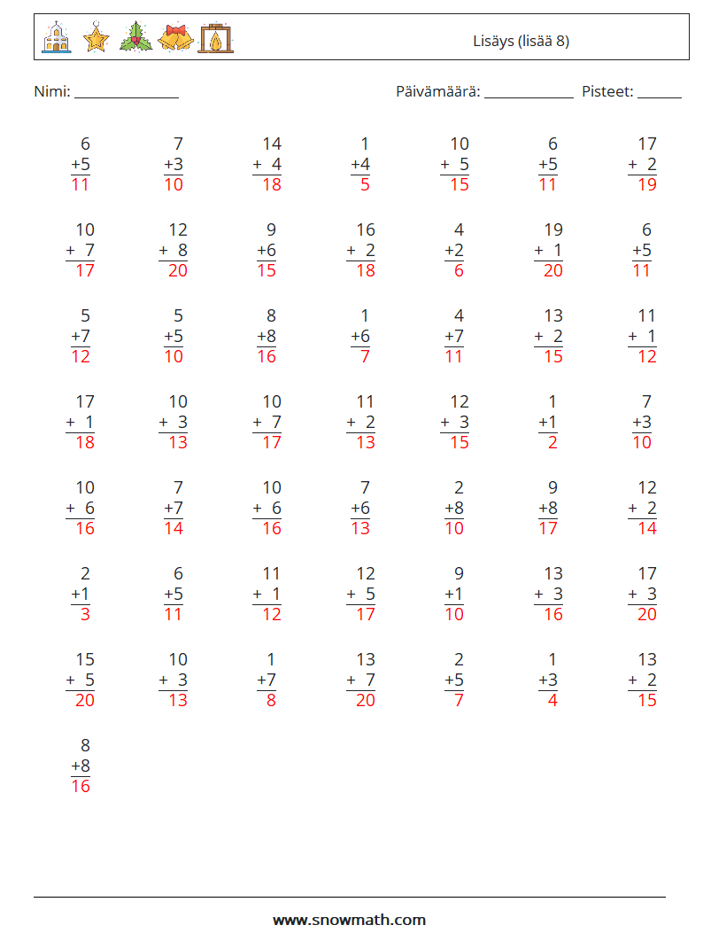 (50) Lisäys (lisää 8) Matematiikan laskentataulukot 7 Kysymys, vastaus