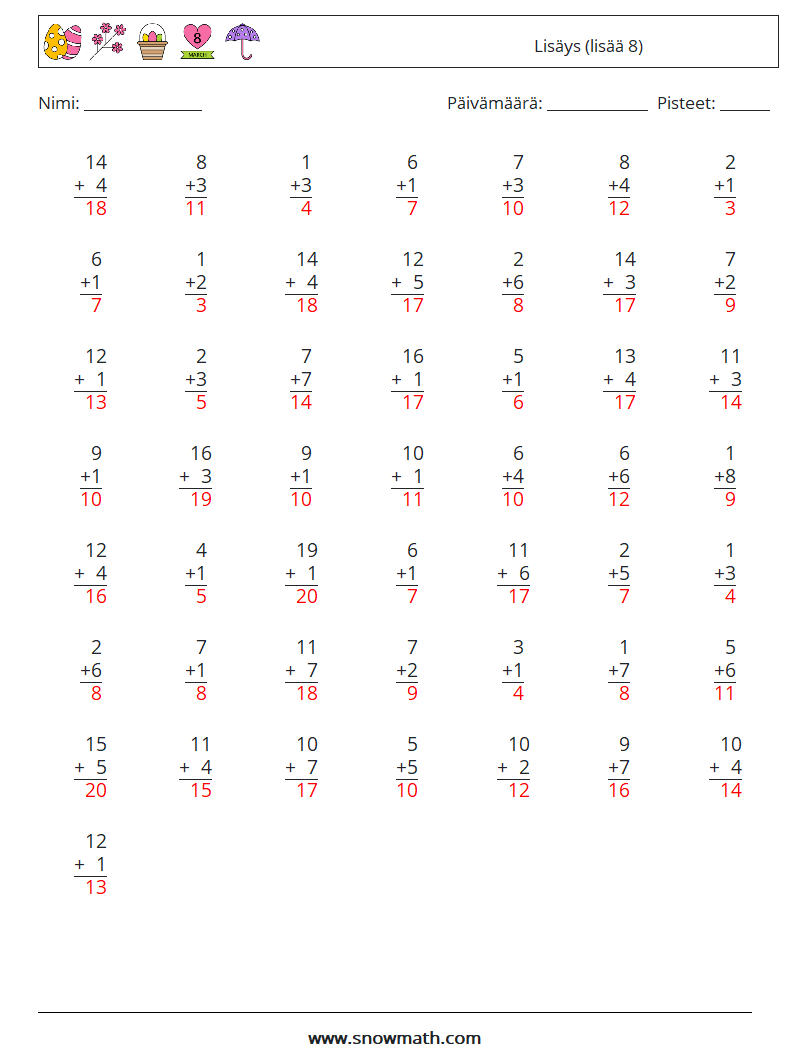 (50) Lisäys (lisää 8) Matematiikan laskentataulukot 8 Kysymys, vastaus