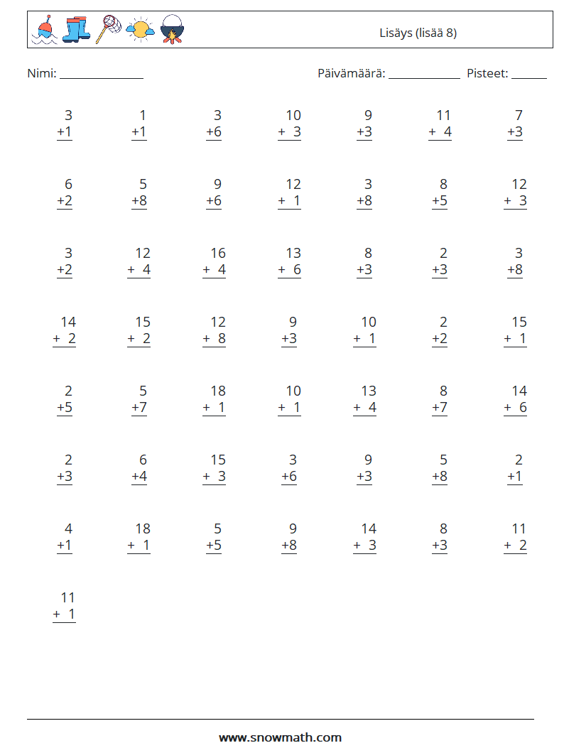 (50) Lisäys (lisää 8) Matematiikan laskentataulukot 9