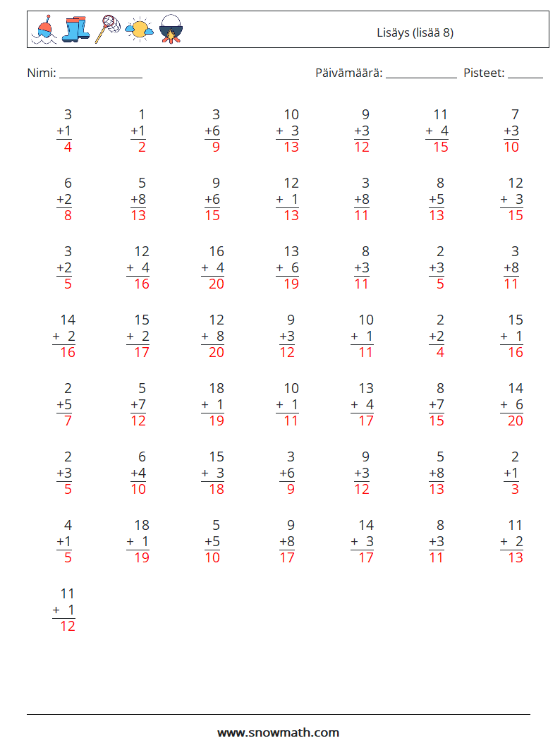 (50) Lisäys (lisää 8) Matematiikan laskentataulukot 9 Kysymys, vastaus