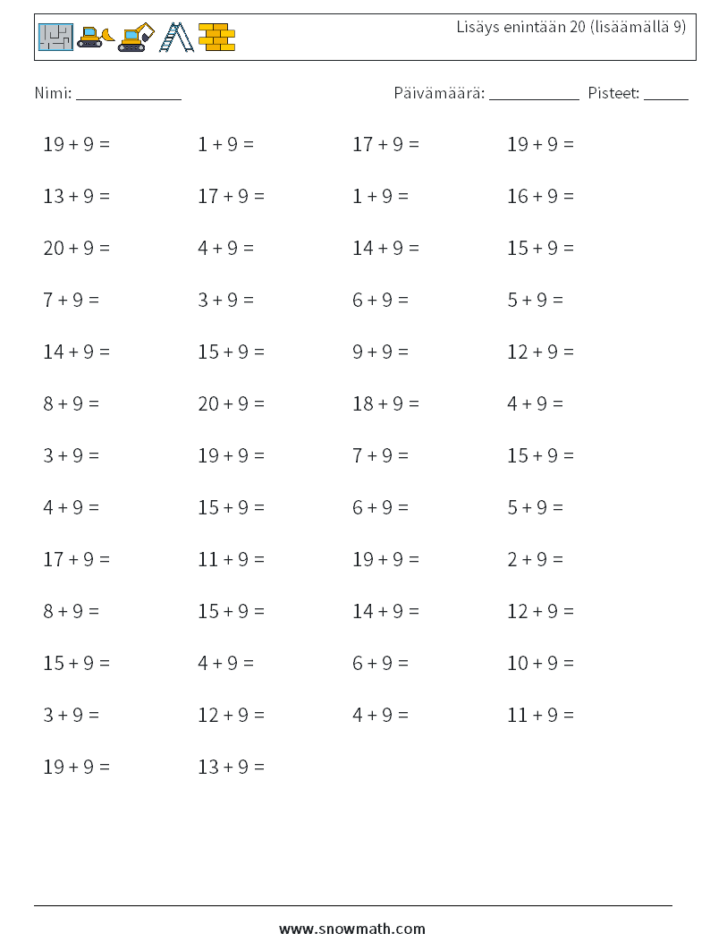 (50) Lisäys enintään 20 (lisäämällä 9) Matematiikan laskentataulukot 1