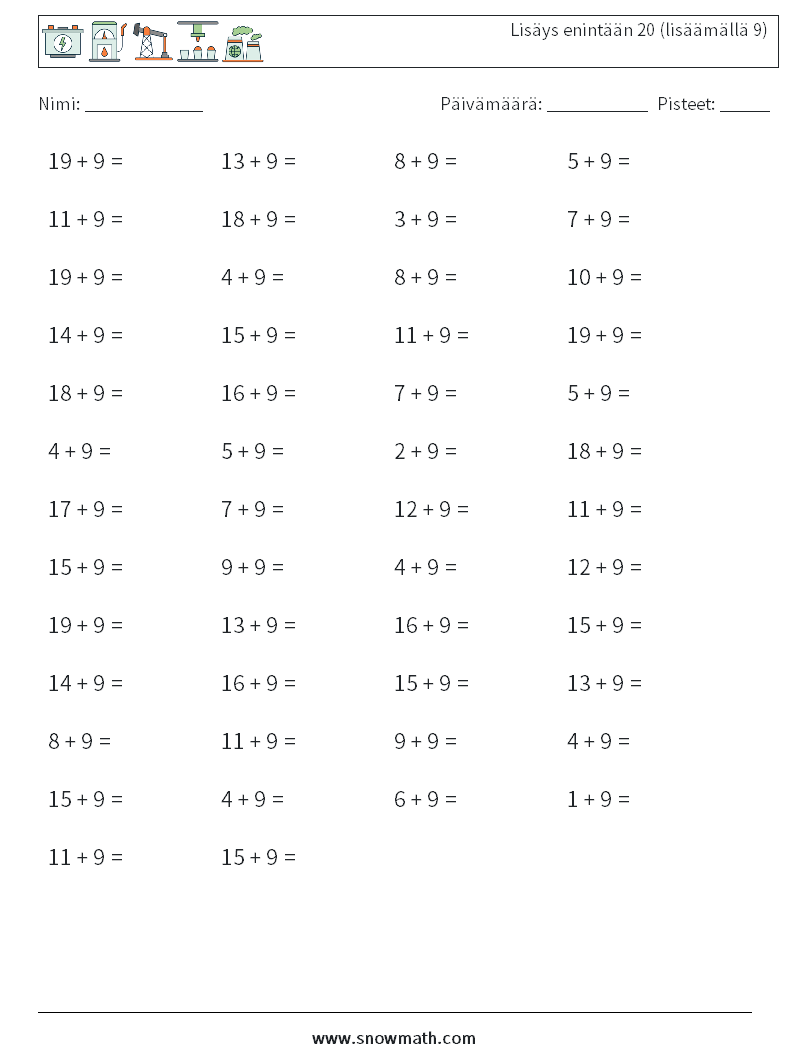 (50) Lisäys enintään 20 (lisäämällä 9) Matematiikan laskentataulukot 3