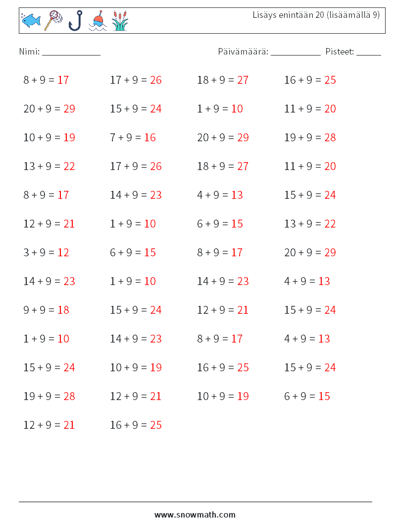 (50) Lisäys enintään 20 (lisäämällä 9) Matematiikan laskentataulukot 4 Kysymys, vastaus