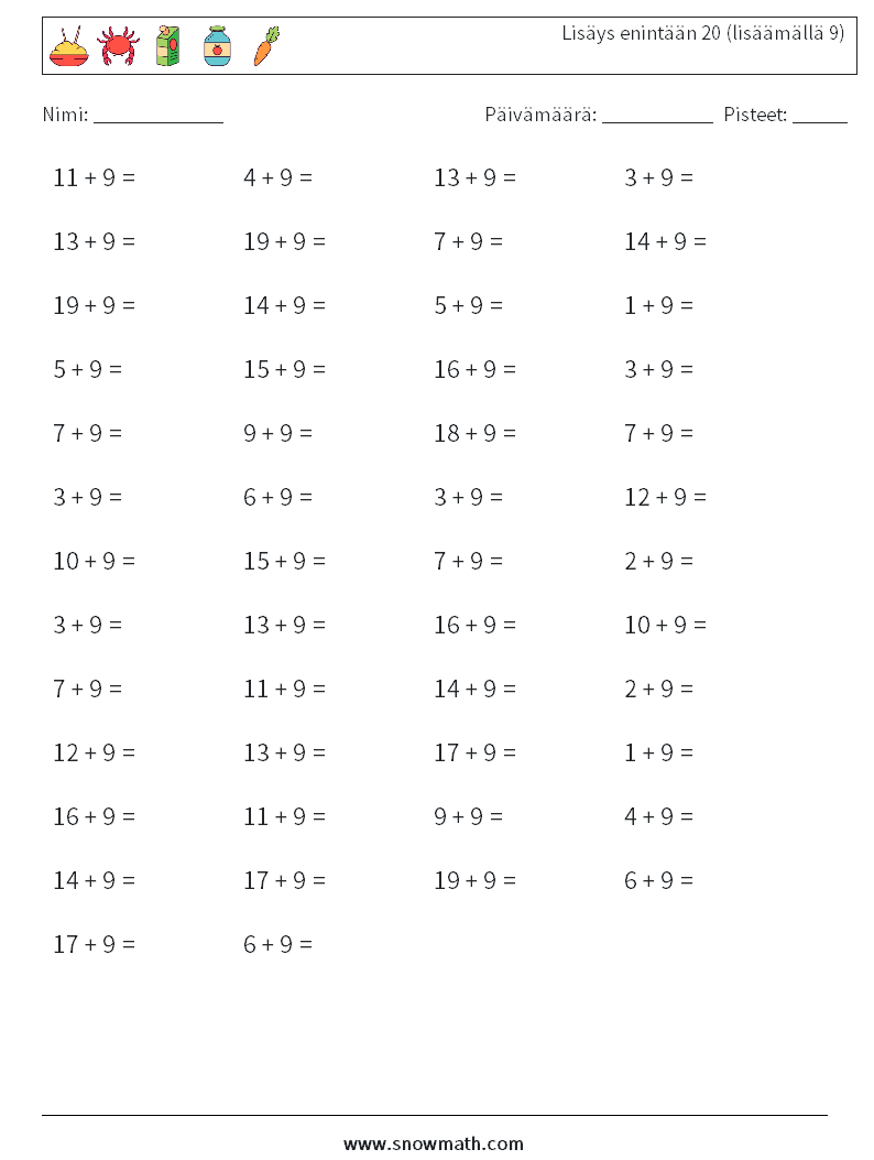 (50) Lisäys enintään 20 (lisäämällä 9) Matematiikan laskentataulukot 5