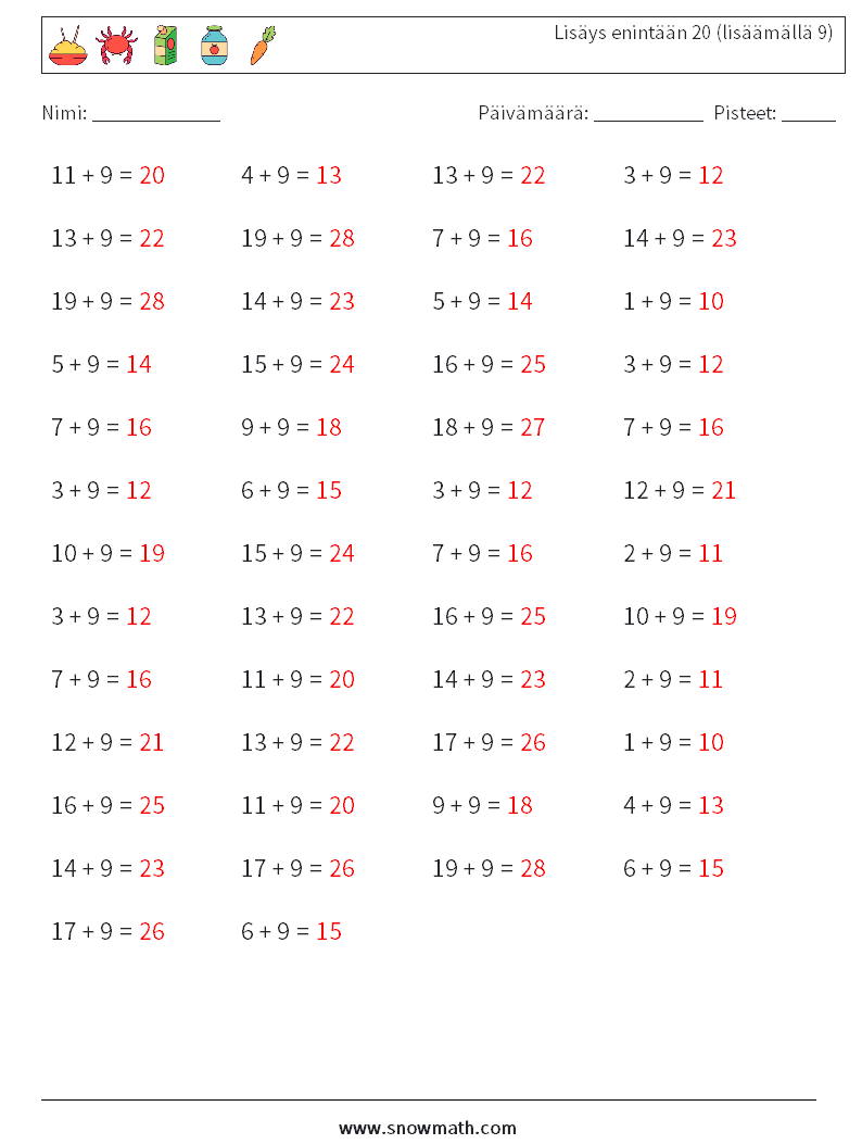 (50) Lisäys enintään 20 (lisäämällä 9) Matematiikan laskentataulukot 5 Kysymys, vastaus