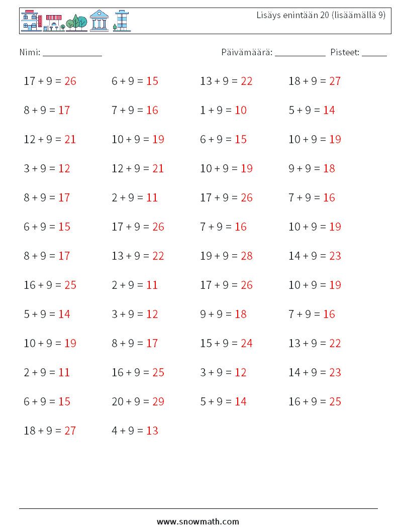 (50) Lisäys enintään 20 (lisäämällä 9) Matematiikan laskentataulukot 6 Kysymys, vastaus