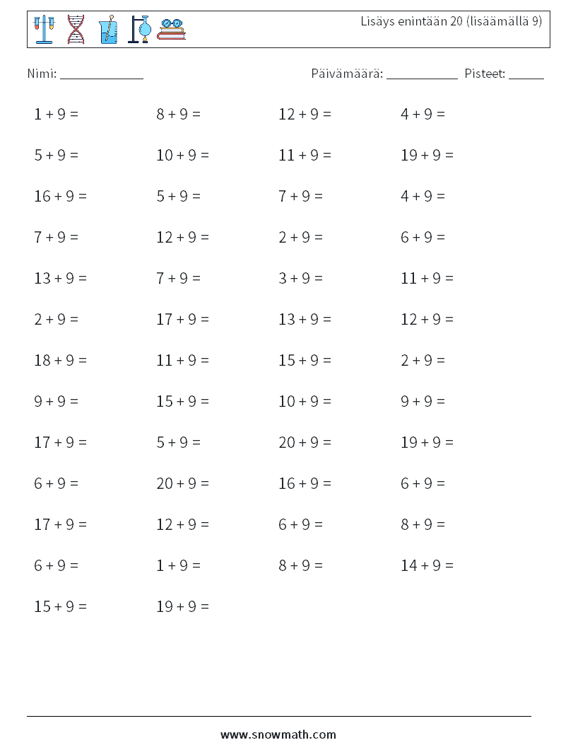 (50) Lisäys enintään 20 (lisäämällä 9) Matematiikan laskentataulukot 8
